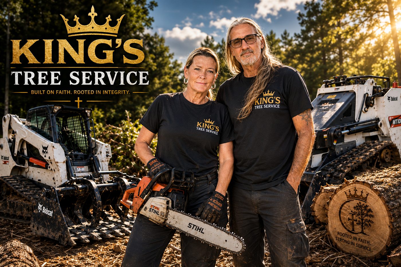 Bill and Jenniffer, owners of King's Tree Service in Palm Bay, Florida. Built on faith, rooted in integrity. Standing together with a chainsaw between their two compact track loaders.